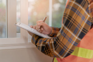 A home inspector holds marks a checklist as he inspects a house's windows.